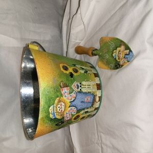 Painted garden scene bucket & trowel with scarecrows